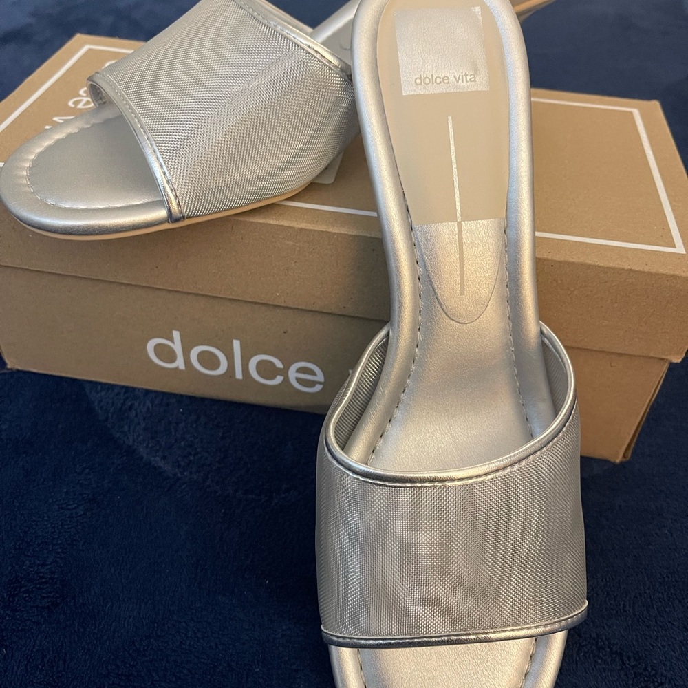 Dolce Vita Silver Slide Sandals with Metallic Sheen